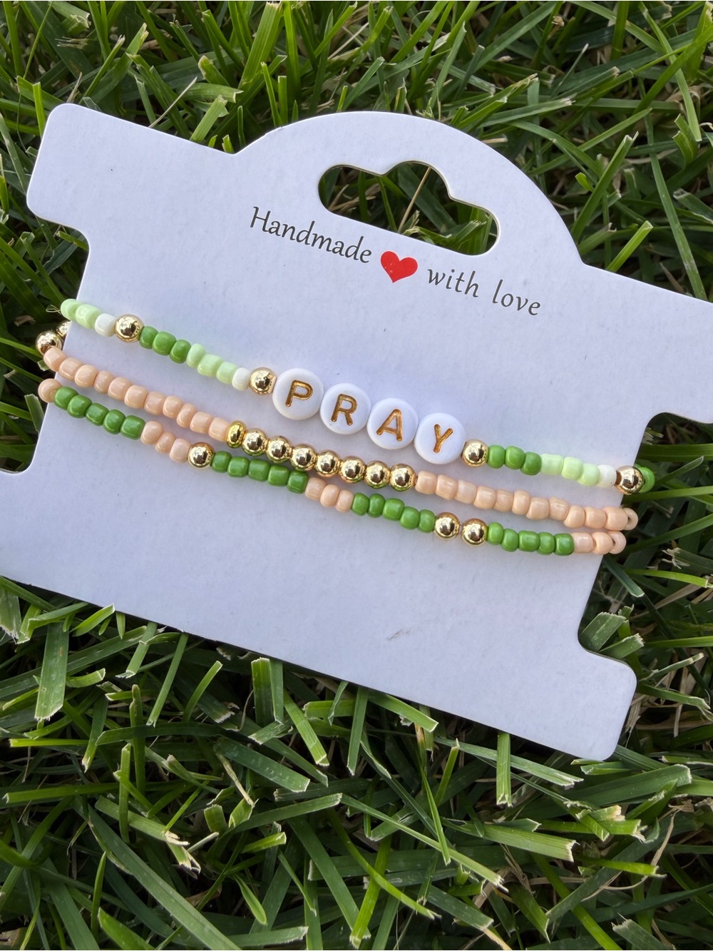 Handmade PRAY Beaded Bracelet Set in Green and Cream